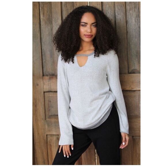 Angie Tops - 𝅺ANGIE Light Grey Super Soft V-Cut Out Sweatshirt